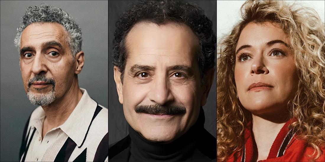 Three headshots of actors John Turturro, Tony Shalhoub, and Tatiana Maslany, shown from left to right.