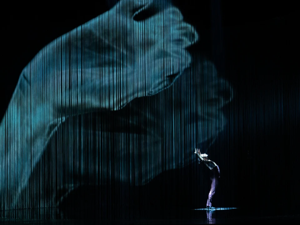 A performer poses in front of a large, projected image of a hand. Vertical lines of light create a dramatic effect on the stage.