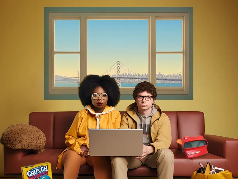 Two individuals sit on a brown sofa, both wearing glasses and yellow clothing. A laptop is on their laps. Behind them, a window shows a bridge and cityscape. Various items, including a box of cereal and a View-Master, are on the sofa.