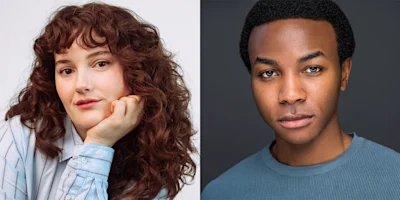 A split image showing a woman with curly brown hair in a light blue shirt on the left and a man with short black hair in a blue shirt on the right, both looking at the camera.