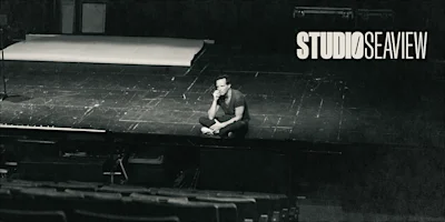 A person sits alone on a stage in an empty theater, with the words “STUDIO SEAVIEW” in large text on the right side of the image.