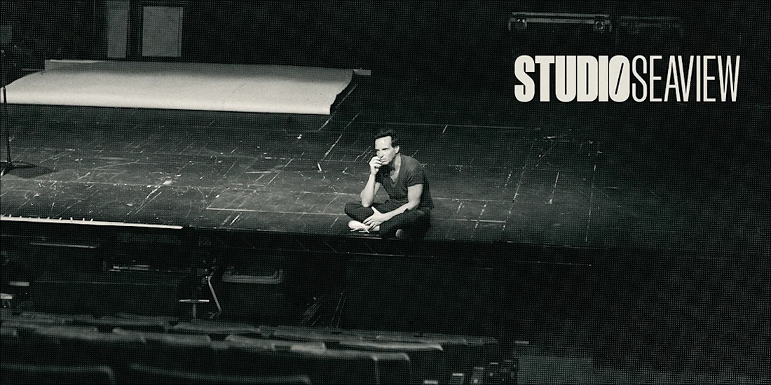 A person sits alone on a stage in an empty theater, with the words “STUDIO SEAVIEW” in large text on the right side of the image.