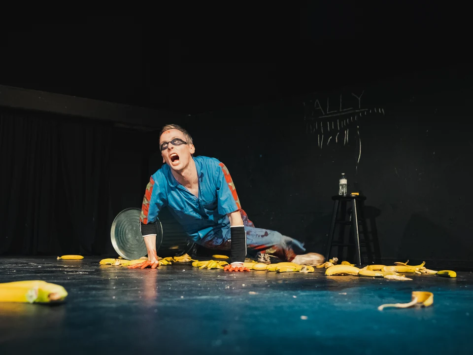 Production shot of The Amazing Banana Brothers in New York with Bill O’Neill slipping on banana peels.