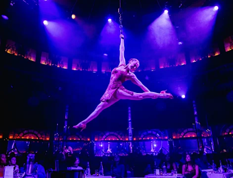 A performer in a red dress suspended in the air doing a split on stage under purple lighting, with an audience watching below.