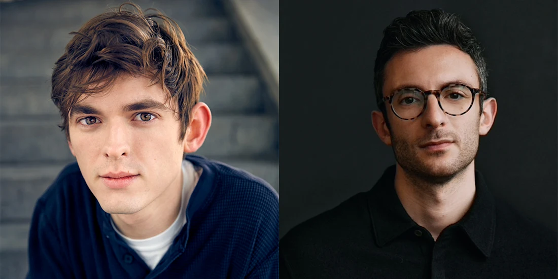 Two men are pictured side by side; the left man has light brown hair and is outdoors, while the right man has short dark hair, glasses, and is indoors against a dark background.