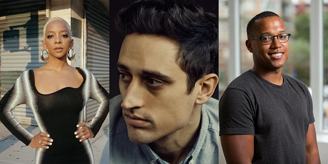 A collage of three people: a woman in a metallic dress posing outdoors, a man with dark hair looking sideways, and a man in glasses and a t-shirt standing indoors.