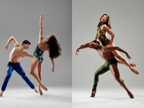 Two pairs of dancers performing ballet moves. The left duo strikes a dynamic pose with arms extended, while the right pair shows a lift with the female dancer balancing on the male dancer's back.