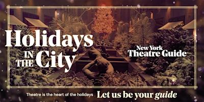 Snow-covered city square with a large, lit Christmas tree in the center, surrounded by festive decorations and theater-themed holiday text overlays.