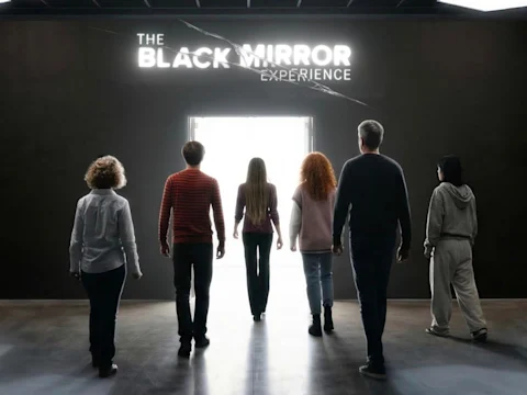 Six people walk toward a bright doorway beneath a sign that reads "The Black Mirror Experience" in a dark, minimalist room.