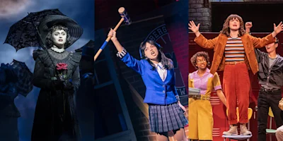 Three women perform on stage in different musicals: one in gothic attire with an umbrella, one in a blue school uniform holding a mallet, and one in casual clothes standing on a desk.