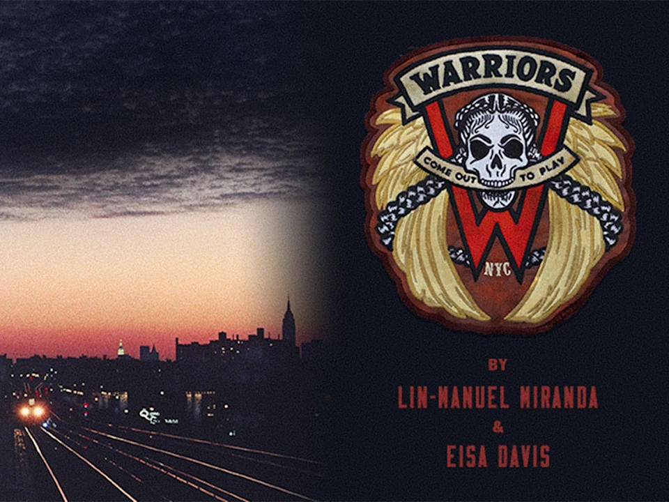 Promotional poster for “Warriors” by Lin-Manuel Miranda and Eisa Davis, featuring a skull emblem and a New York City skyline at sunset.