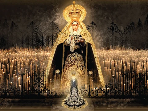 A statue of a crowned Virgin Mary in ornate robes stands before hundreds of lit candles, surrounded by black wrought iron fencing and a dark, patterned backdrop.