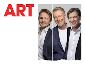 Richard Roxburg, Damon Herriman and Toby Schmitz in business attire stand side by side against a gray background, next to the large red word "ART" on the left.
