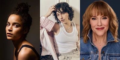 Three people in portrait photos: one with curly hair in a bun, one with short wavy hair and layered jewelry, and one with shoulder-length hair wearing a denim jacket and a pink lipstick.