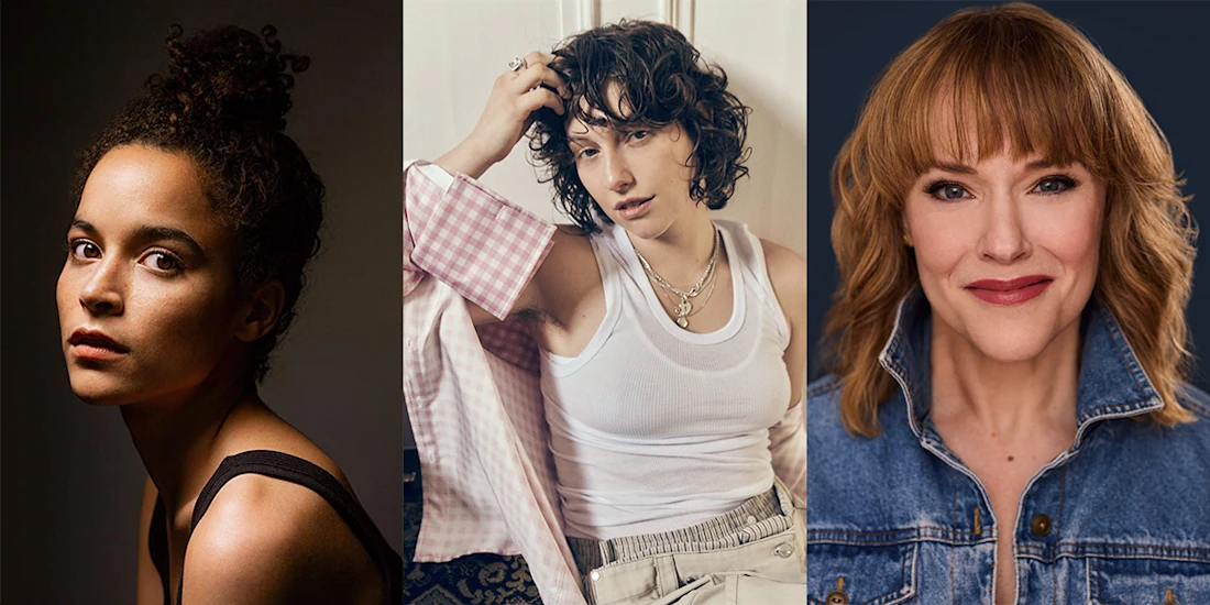 Three people in portrait photos: one with curly hair in a bun, one with short wavy hair and layered jewelry, and one with shoulder-length hair wearing a denim jacket and a pink lipstick.