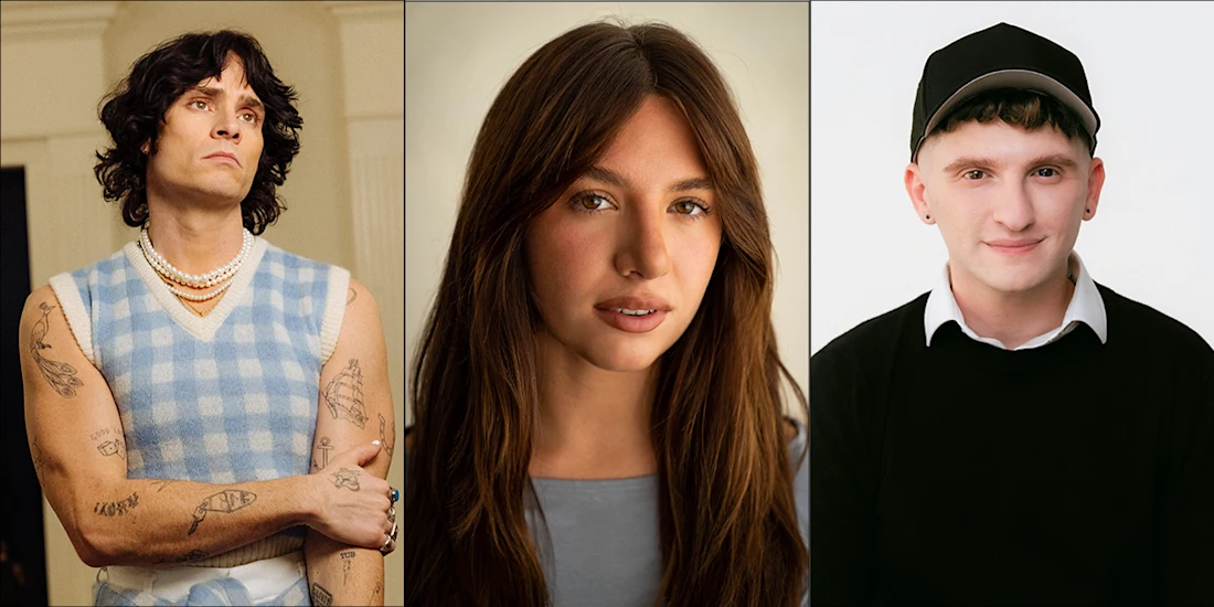 Three people are shown side by side against neutral backgrounds: one in a blue vest with tattoos, one with long brown hair, and one in a black cap and sweater.