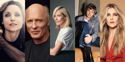 Five adults, three women and two men, pose separately in individual portraits with neutral or soft expressions against various backgrounds.