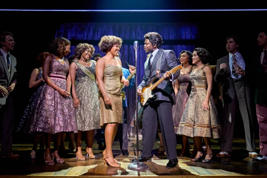Production shot of Tina - The Tina Turner Musical in London, with Karis Anderson as Tina Turner and Okezie Morro as Ike Turner.
