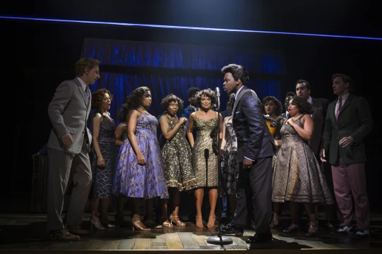 Production shot of Tina - The Tina Turner Musical in London, with Karis Anderson as Tina Turner and Okezie Morro as Ike Turner.