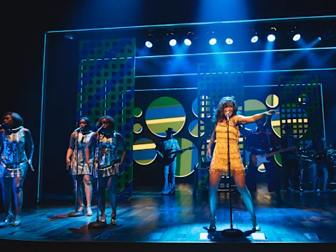 Production shot of Tina - The Tina Turner Musical in London, with Karis Anderson as Tina Turner and Okezie Morro as Ike Turner.