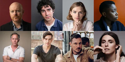 A grid of eight adults, each photographed individually against various plain or blurred backgrounds, looking toward or at the camera with neutral or thoughtful expressions.