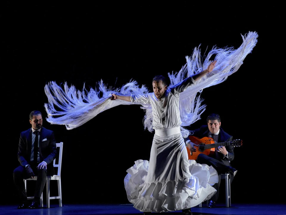 Production shot of Flamenco Festival in New York, featuring the ensemble dancing.
