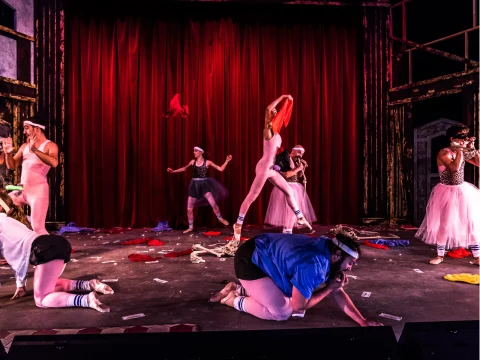 A theatrical performance with several dancers in various costumes, including tutus and ballet attire, on a stage. Some performers are posing dramatically, while others are engaging in playful actions.