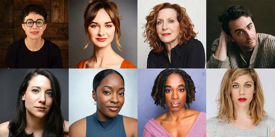 A grid of eight people, each facing the camera against neutral or simple backgrounds, showing diverse expressions and styles.