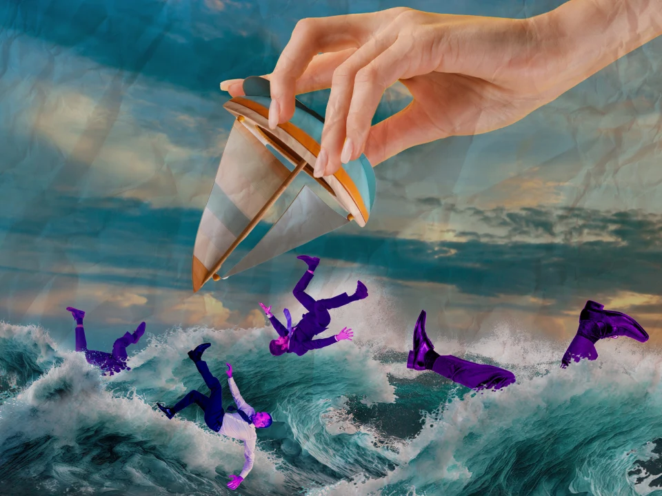 A large hand holding a floating cone-shaped object above turbulent waves with purple-hued figures struggling in the water.