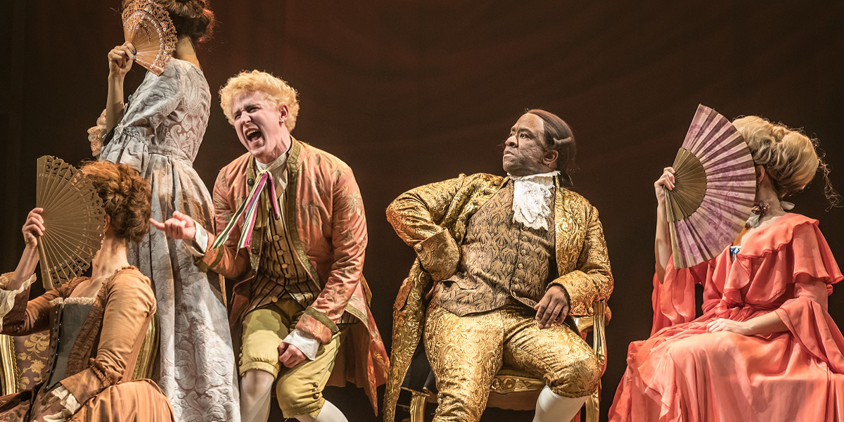 Adam Gillen as Mozart and Lucian Msamati as Salieri in Amadeus