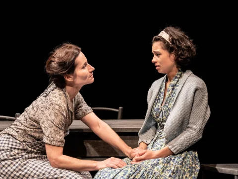 Production photograph of A View From The Bridge in London, featuring Kate Fleetwood as Beatrice and Nia Towle as Catherine