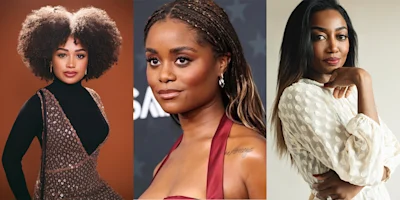 Three women pose for individual portraits against different backgrounds, each wearing distinct outfits and looking toward the camera.