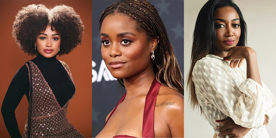Three women pose for individual portraits against different backgrounds, each wearing distinct outfits and looking toward the camera.