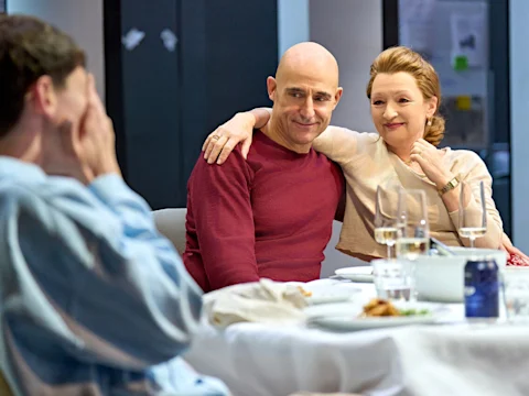 Photo of Lesley Manville as Jocasta and Mark Strong as Oedipus in Oedipus on Broadway.