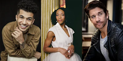 Three people are pictured in individual portraits: a smiling man in a brown shirt, a woman in a white dress, and a man in a black leather jacket.