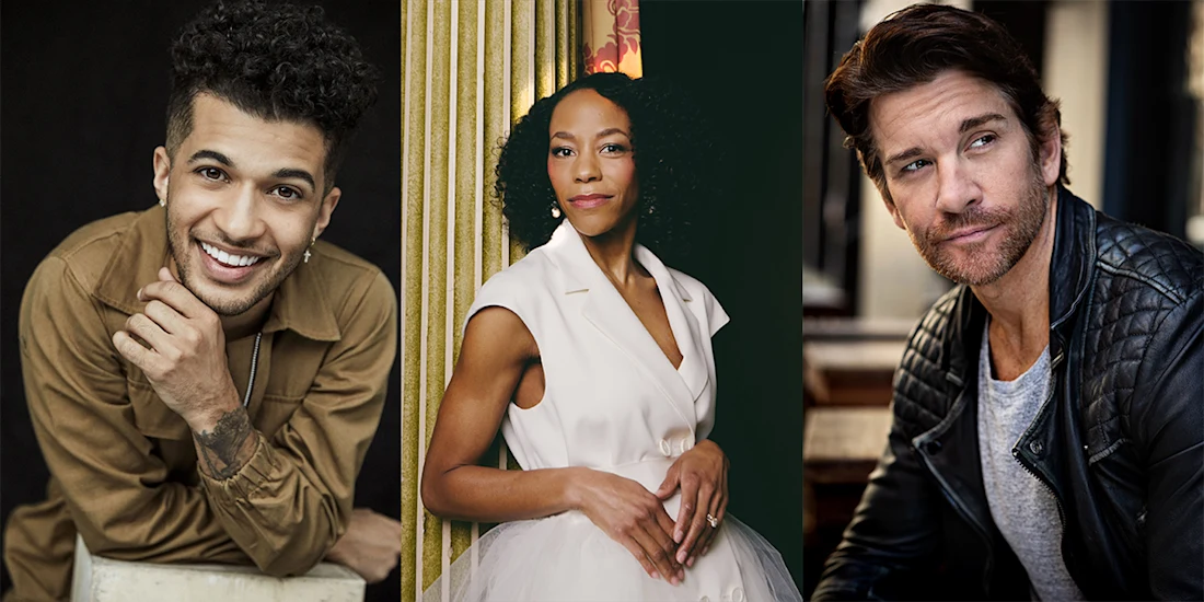 Three people are pictured in individual portraits: a smiling man in a brown shirt, a woman in a white dress, and a man in a black leather jacket.