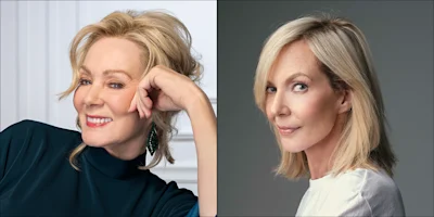 Two women with blonde hair are shown: one is smiling in a dark top, resting her head on her hand; the other faces sideways, wearing a white shirt, with a neutral expression.