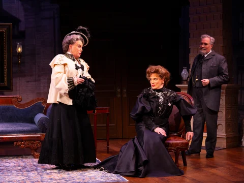 Production shot of Ibsen's Ghost: An Irresponsible Biographical Fantasy in New York City, with Christopher Borg as George Elsted, Charles Busch as Suzannah Ibsen and Jennifer Van Dyck as Hanna Solberg. 
