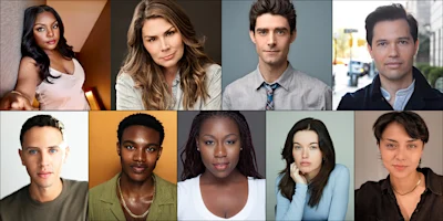 A grid of nine people, four men and five women, shown in close-up portraits with various backgrounds, all looking directly at the camera.