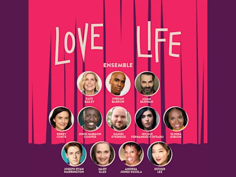 A graphic for "Love Life" showing ensemble members' photos on a pink background with their names beneath each image.