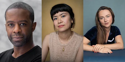 Headshots of three people: a man with a short beard, a woman with blunt bangs, and a woman resting her hands on a desk.