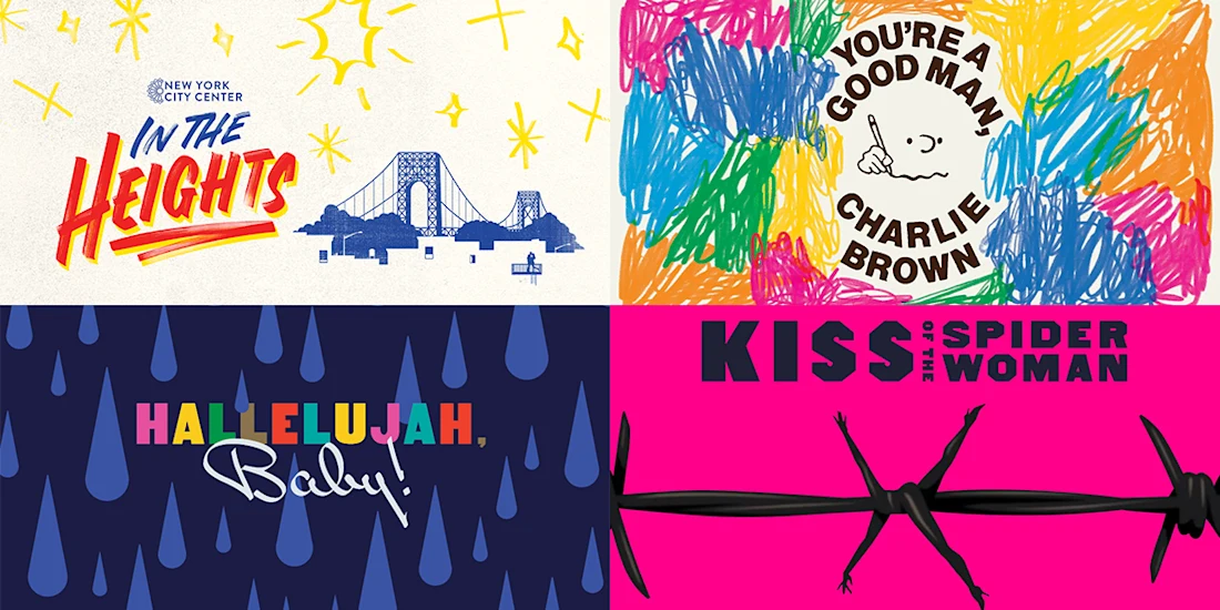 A collage of four colorful musical posters: "In the Heights," "You're a Good Man, Charlie Brown," "Hallelujah, Baby!," and "Kiss of the Spider Woman.