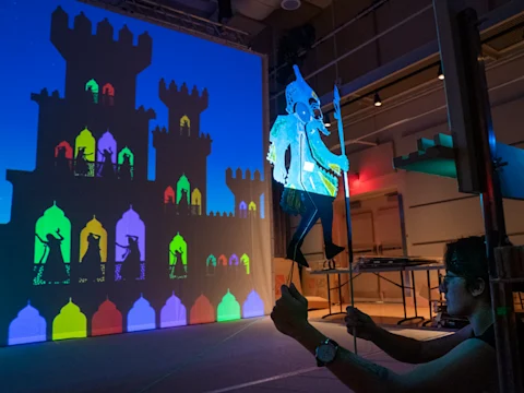 A person manipulates a shadow puppet in front of a brightly lit screen showing silhouettes of figures and a castle-like structure.