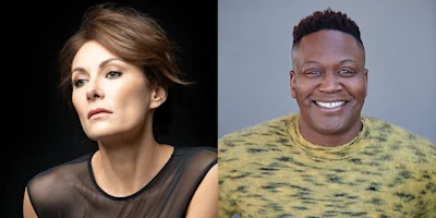 Side-by-side portraits of a woman with short brown hair in a black sheer top and a man smiling in a yellow and black patterned sweater against a gray background.