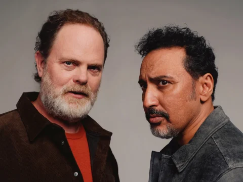 Production shot of Waiting for Godot in Los Angeles, with Aasif Mandvi as Estragon and Rainn Wilson as Vladimir.