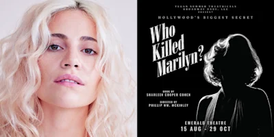 A woman with platinum blonde hair on the left; a theatre poster on the right featuring the silhouette of a woman and the text “Who Killed Marilyn?” with show dates and credits.