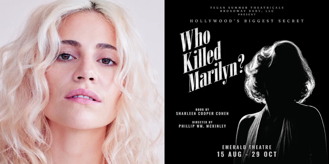 A woman with platinum blonde hair on the left; a theatre poster on the right featuring the silhouette of a woman and the text “Who Killed Marilyn?” with show dates and credits.