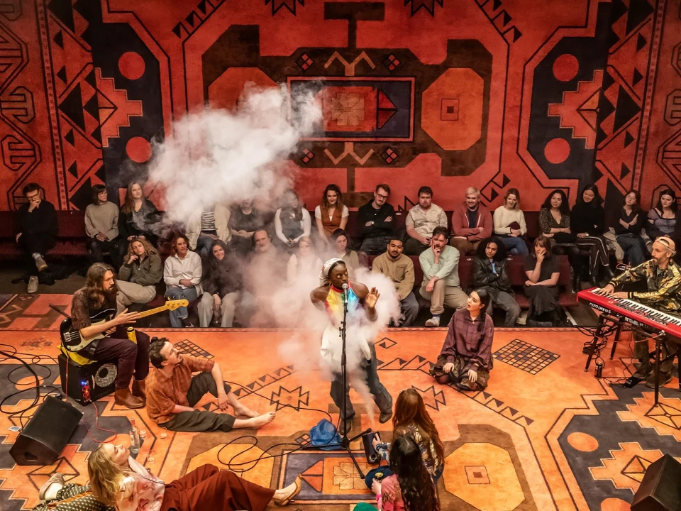 A singer performs on a microphone surrounded by musicians and an audience sitting on a patterned carpet. Smoke obscures part of the scene.