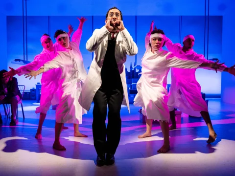 Production shot of Unknown Soldier, with Adam Chanler-Berat as Andrew, Taylor Witt, Candice Shedd-Thompson, Nehal Joshi as Doctor, Sumié Yotsukura, and Ronald Joe Williams.