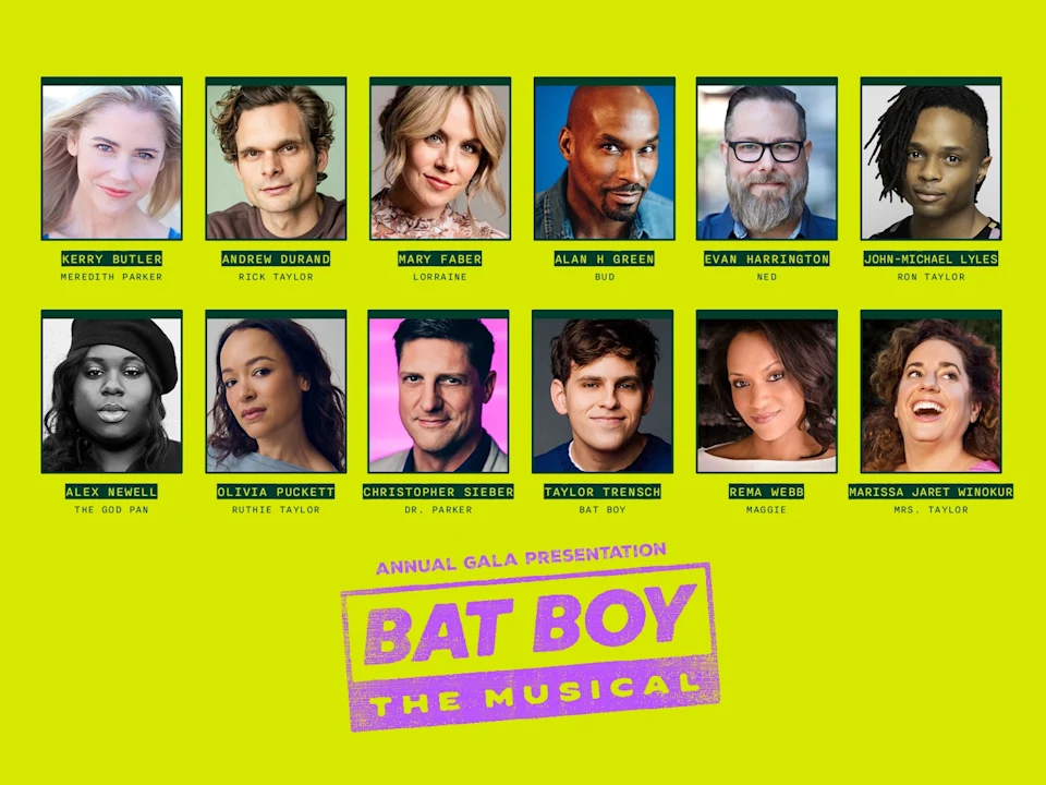 A grid of headshots with names and roles of the cast for "Bat Boy: The Musical" annual gala presentation on a bright yellow background.